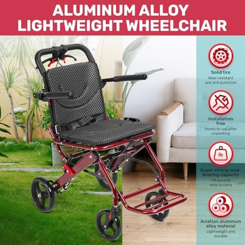 Ultra-Lightweight Folding Wheelchair, 8.2KG Carbon Steel Transport Chair with Ergonomic Handbrake, PU Wheels & Safety Strap for Seniors, Travel, Indoor Outdoor Use (Red)