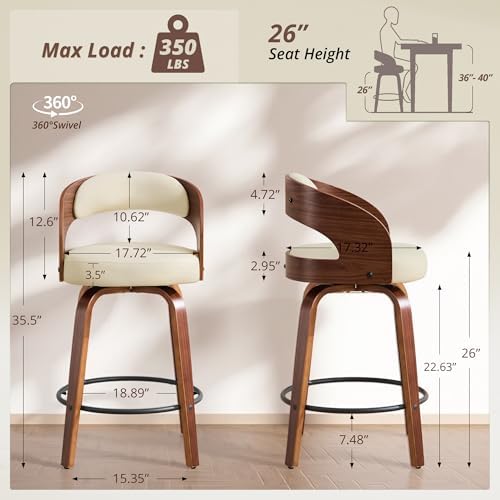 Swivel Bar Stools Set of 4,26" Faux Leather Upholstered Counter Height Barstools with Back,Mid-Century Modern Bar Chairs with Bentwood Legs and Footrest for Kitchen Island Bar Counter Beige