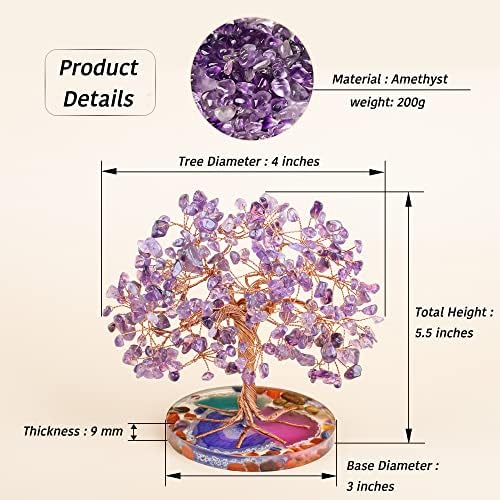 ZenBless 7 Chakra Healing Crystal Stones Tree, Amethyst Leaf Wire Wrapped on Natural Agate Slice Base, Home Decor Desk Room Feng Shui Wealth Luck Spritual Gifts for Valentine's Day Birthday Women