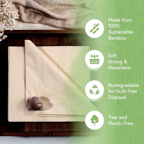 100% Bamboo Compostable Napkins (250-Pack) | Heavy Duty Napkins for Lunch, Dinner, Events, Occasions & Entertaining | Eco Friendly | 3-Ply FSC Certified | Bamboo Paper Towels | 7.5 x 8 Inch