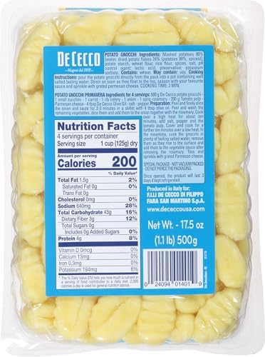 De Cecco Pasta, Potato Gnocchi No.401, 17.6 OZ - Made in Italy, High in Protein & Iron, Bronze die