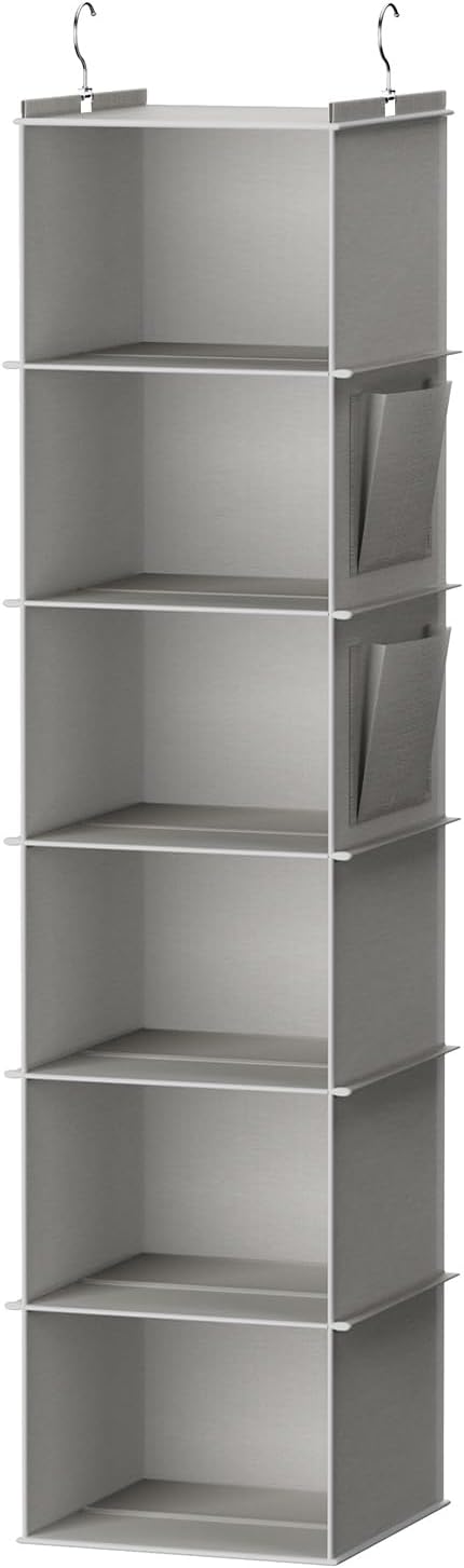 YOUDENOVA Hanging Closet Organizer and Storage, 6-Shelf Closet Hanging Shelves | Sturdy Bamboo Structure Cloth Hanging Storage, Sweater Organizer, 11.8â x 11.8â x 47.2â, Light Grey