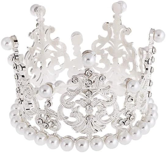Women Girls Retro Man-made Pearl Crown Bride Tiara Cake Topper Decoration For Baby Shower Wedding Party (Silver)