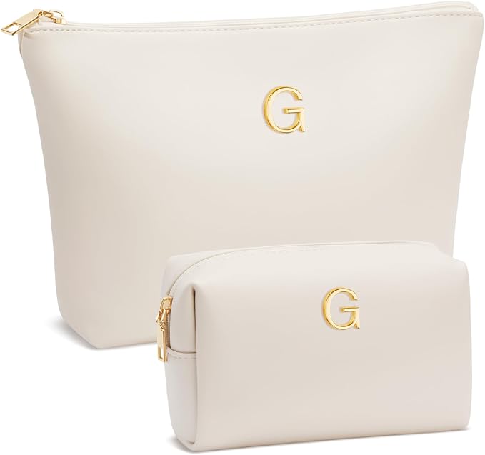 Valentine's Day Gifts for Women Girlfriend Initial Makeup Bag for Teen Girls Personalized Gifts for Friend Teacher Mom Wife Cosmetic Travel Toiletry Bag(Beige,G)