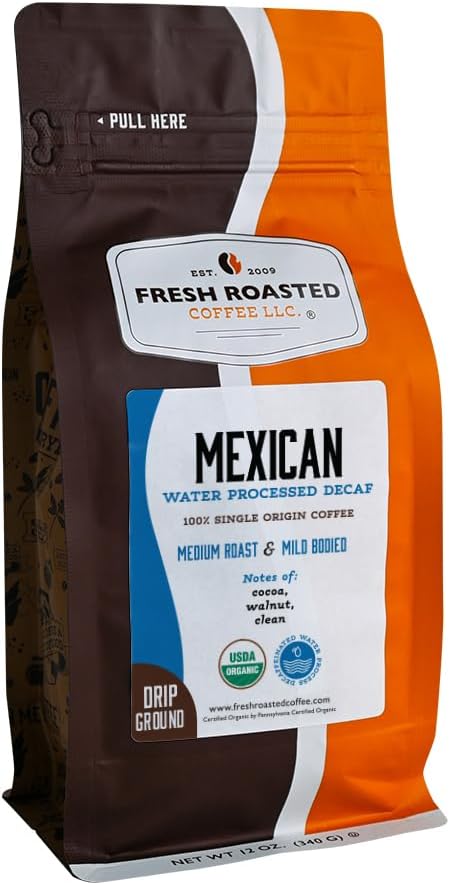 Fresh Roasted Coffee, Organic Mexican Water-Processed Decaf | USDA Organic, 100% Single Origin, Kosher | Medium Roast 12 oz Ground