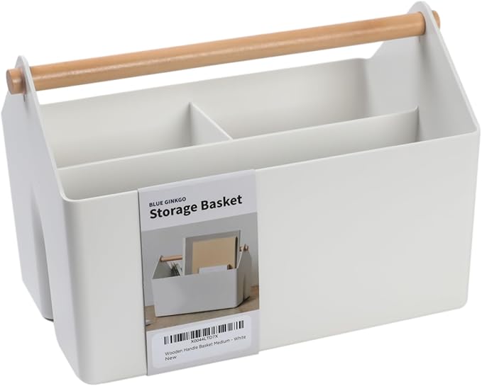 BLUE GINKGO Medium Storage Basket â Plastic Caddy with Wooden Handle for Office, Arts & Crafts, or Home Supplies (White)