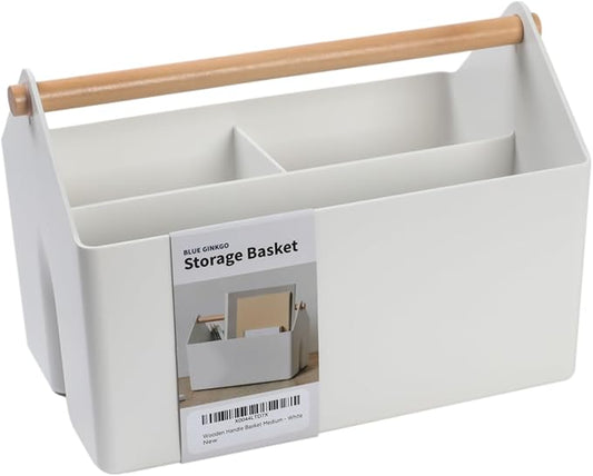 BLUE GINKGO Medium Storage Basket â Plastic Caddy with Wooden Handle for Office, Arts & Crafts, or Home Supplies (White)