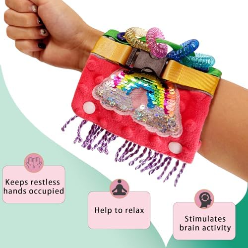 Fidget Blanket for Adult Dementia Products for Elderly Alzheimers Dementia Activities for Seniors Fidget Wrist Cuff Sensory Bracelet for Seniors Dementia Gifts （Red&Grey