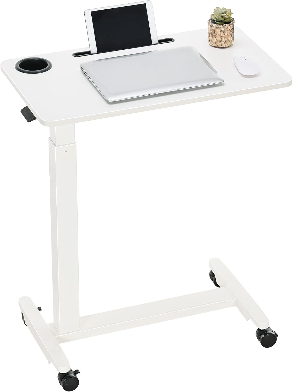 Height Adjustable Overbed Table with Wheels, Rolling Laptop Standing Desk, Portable Bedside Tables with Slot, Cup Holder, Mobile Pneumatic Computer Cart, White