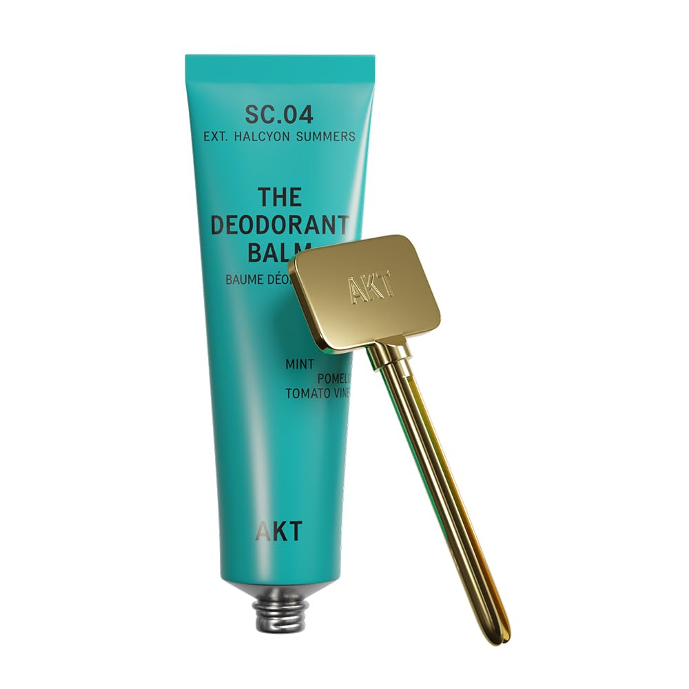 AKT, THE DEODORANT BALM. Award winning, multi-use, natural deodorant. Plastic Free. Gender Free. Aluminium Free. 100% effective â 1 tube lasts up to 3 months. SC.04 HALCYON SUMMERS. 50ml/1.76 FL.OZ