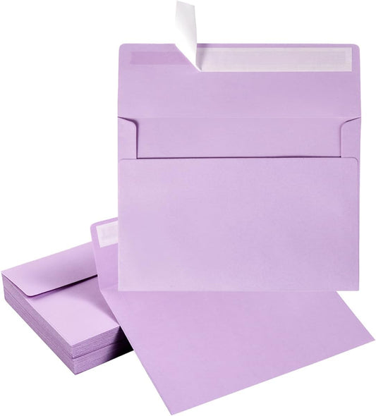 Wishop 50 Pack 5 x 7 Envelopes Colored Self Seal for Wedding, Party Invitations, Greeting Cards, Announcements, Photos, 5.24 x 7.21 Inches (Light Purple)