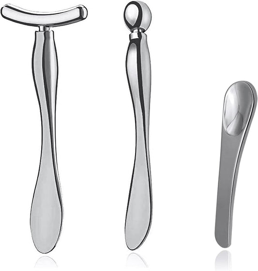 Pimoys 3 Pcs Metal Eye Cream Applicator Tool, Eye Roller Massage Sticks and Makeup Cream Spoon, Facial Massager for Reducing Puffiness Wrinkle Dark Circles