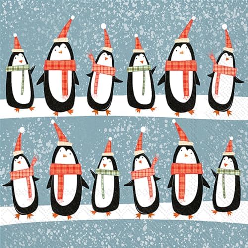 IHR Ideal Home Range Cocktail Napkins Disposable 3-Ply Paper Party Napkin Pack, 5" x 5", Christmas Penguins, 20-Count