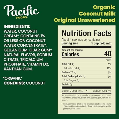 Pacific Foods Organic Unsweetened Coconut Milk, Plant Based Milk, 32 oz Carton