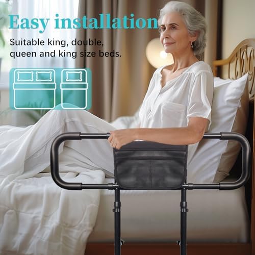 AOHHL Bed Rails for Elderly Adults Safety with Adjustable Heights Storage Pocket Assist Support Side Railings for Seniors Citizens Slides Under Mattressbed Cane Bed Guard Bed Handles Bars (Black)