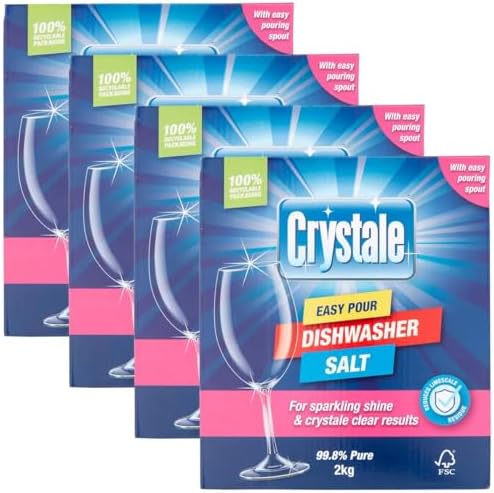 Crystale Easy Pour Dishwasher Salt, 99.8% Pure, 100% Recyclable Packaging, 2kg, Pack of 4