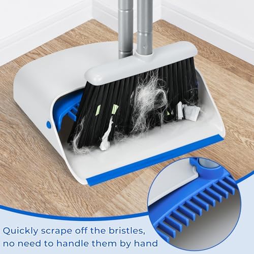 Broom and Dustpan Set with Long Handle 52", Standing Broom and Dust Pan Set for Home Kitchen Room Office Lobby Blue