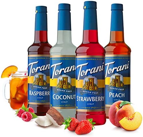 Torani Sugar Free Flavored Drink Syrup Soda Flavors Variety Pack, Raspberry, Coconut, Strawberry & Peach, 25.4 fl oz, (Set of 4)