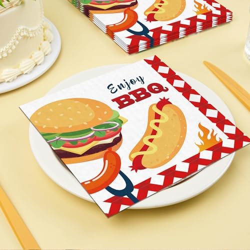 40PCS BBQ Party Paper Napkins Burgers Utensils Napkin Barbecue Picnic Disposable Luncheon Dinner Paper Napkin for Barbecue Baby Shower Summer Holiday Party Supplies, 6.5x6.5In