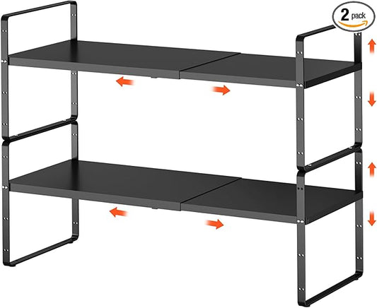 2Pack 16.5-27ââL Expandable Cabinet Shelf Organizers, Stackable Metal Shelves Extender for Kitchen Countertop Storage, Adjustable Spices Shelves Rack Stand for Cupboard Pantry, Black