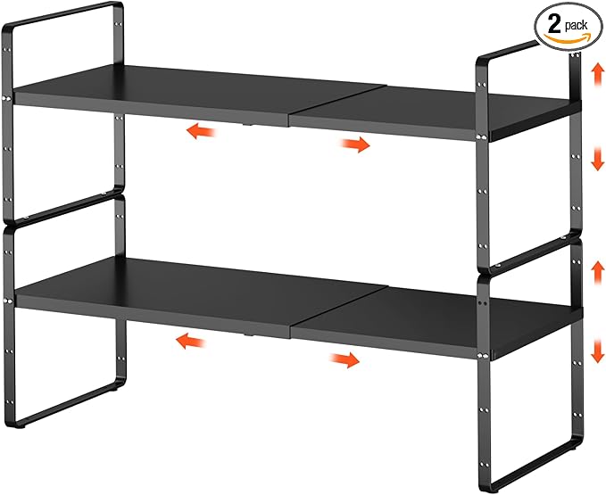 2Pack 16.5-27ââL Expandable Kitchen Shelf Organizer, Stackable Shelves Organizer, Adjustable Height Pantry Spice Rack for Cabinet, Countertop, Pantry and Cupboard, Black