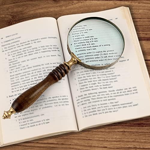 10X Handheld Magnifying Glass Lens, Antique Brass Magnifier, Fine Print Reading, Inspection, Coin & Stamp, Astrologer, Science, Low Sight Elderly, with Wooden Handle, Collectible Décor Gift