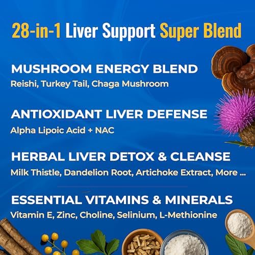 LiVitalize 28-in-1 Liver Health Support with Milk Thistle – Liver Cleanse & Detox Supplement - Dandelion NAC Alpha Lipoic Acid Artichoke Reishi Chaga Turkey Tail Mushroom Formula 1540mg, 60 Capsules