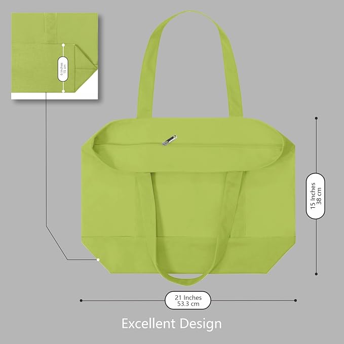 TOPDesign 6-Pack Canvas Tote Bags with an External Pocket, Reusable Grocery Shopping Bags, Top Zipper Closure, Daily Essentials (Light Green)