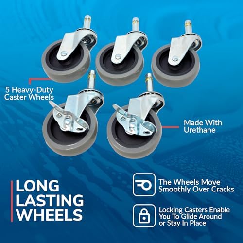 GRIT GUARD Bucket Dolly with Wheels - Rolling Detailing Wash Bucket with 5 Wheels and 2 Locking Casters Compatible with 2.5, 4, 5 and 6 Gallon Buckets (Black, 2" Red Casters)