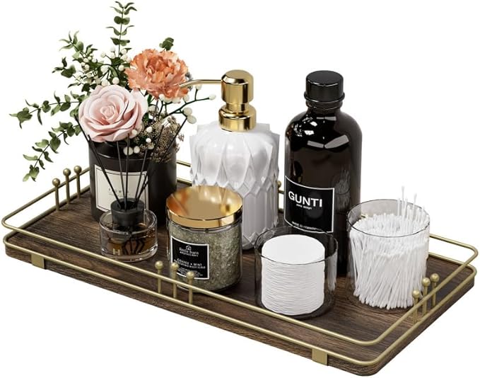 Toilet Paper Basket, Bathroom Basket for Counter Toiletries Towel Decor, Toilet Tank Tray, Guest Back of Toilet Organizer Storage, Vanity Tray for Perfume Makeup, Kitchen 13âx6.5â Brown-Gold