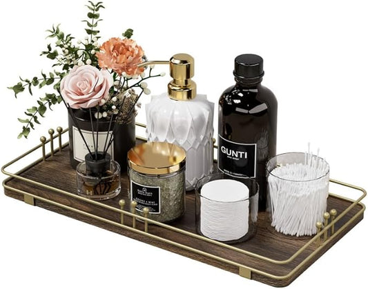 Toilet Paper Basket, Bathroom Basket for Counter Toiletries Towel Decor, Toilet Tank Tray, Guest Back of Toilet Organizer Storage, Vanity Tray for Perfume Makeup, Kitchen 13âx6.5â Brown-Gold