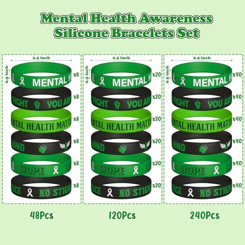 WATINC Mental Health Awareness Silicone Wristbands Set, Mental Health Hope Green Ribbons Rubber Label Bracelets, Motivational Rubber Bracelet with Inspirational Message for Men Teens (240Pcs)