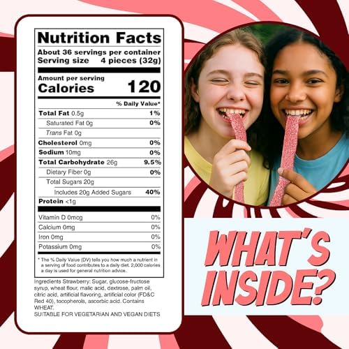 Sour Power Strawberry Candy Belts, 2.5 lb Bulk Tub Resealable, Vegan Strawberry Sour Belts Candy Since 1985, Soft Chewy Sweet Tart, Non-GMO Gelatin Free, Bubble Wrapped and Boxed for Shipping