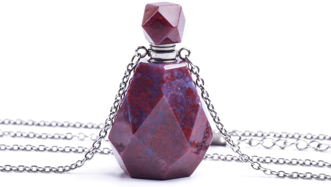 Women Long Necklace Natural Crystal Gemstone Aroma Essential Oil Diffuser Perfume Bottle Necklace Pendant for Women Irregular Unpolished Jewelry (Red Agate)