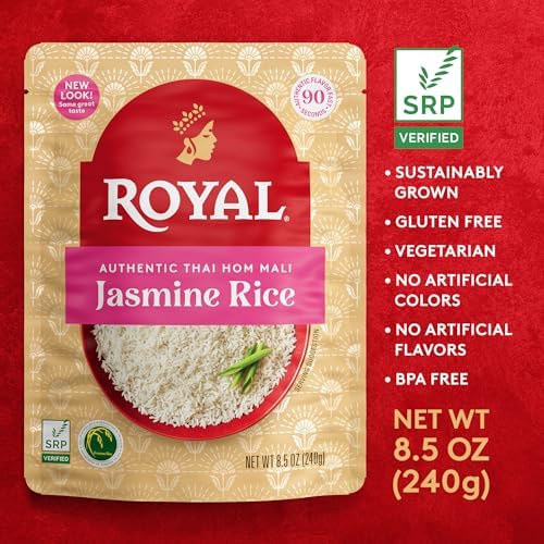 Royal Authentic Thai Hom Mali Jasmine Rice - Microwave Rice Dinner Side Dish - Ready to Heat White Rice - 8.5 oz Microwavable Pouch (Pack of 6)