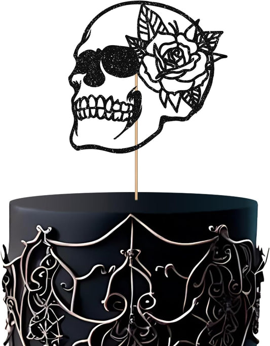 Skull Silhouette Cake Topper, Gothic Rose Skull Cake Decor, Black Glitter Skeleton Skull Cake Topper for Wedding, Gothic Theme Bridal Shower/Birthday Party Decoration