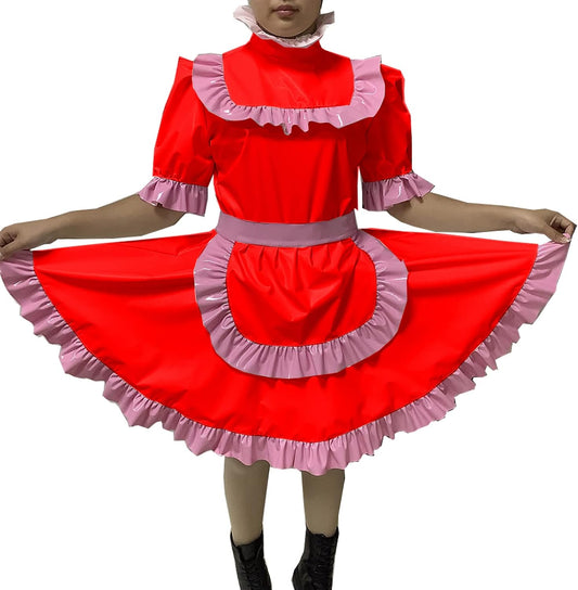 Adult Sexy Lockable Cross Dressing Sissy Maid PVC Dress Lockable Uniform Apron Costume Jumpsuits Rompers,Red,XXL