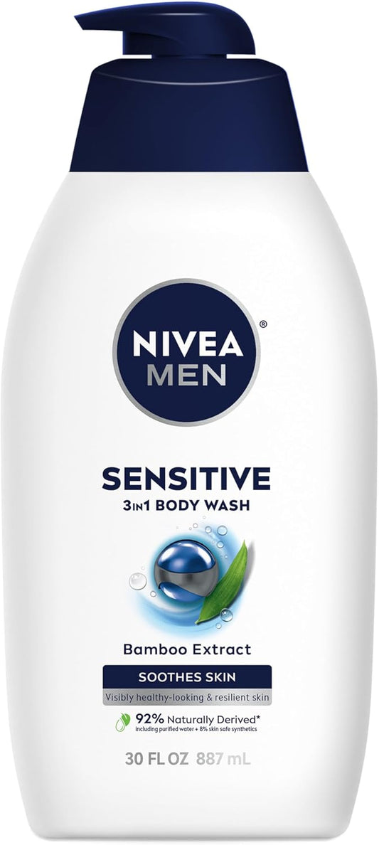 NIVEA MEN Sensitive Body Wash with Bamboo Extract, Moisturizing Body Wash for Sensitive Skin, Soap Free Shower Gel for Men with No Drying Alcohol, 30 Fl Oz Bottle