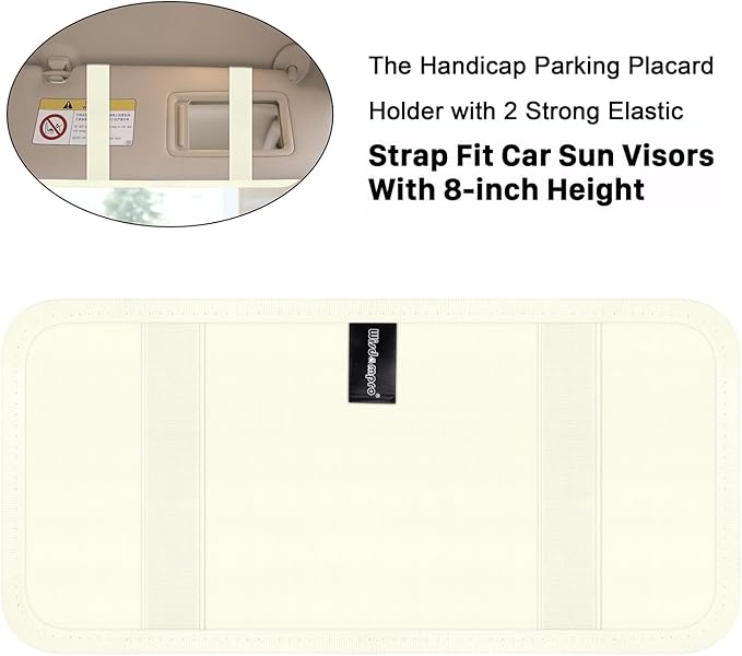 Handicap Placard Holder for Auto, Wisdompro Disabled Parking Permit Sign Protector for Car Sun Visor with Note Paper Slot, Pen Holder and Elastic Strap - Beige
