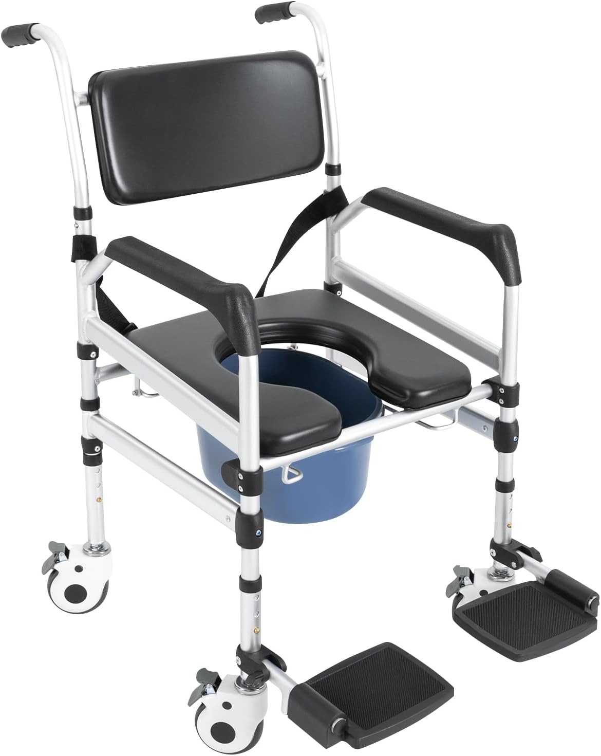 Shower Chair with Wheels, Rolling Shower Commode Chair Height Adjustable, Foldable Toilet Safety Frame for Handicap Elderly Injured