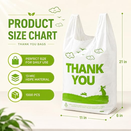 YoYoRain 1000 Pack White Design Thank You T-Shirt Bags with Handles, 11"x6"x21" Plastic Shopping Bags for Grocery, Retail & Takeout