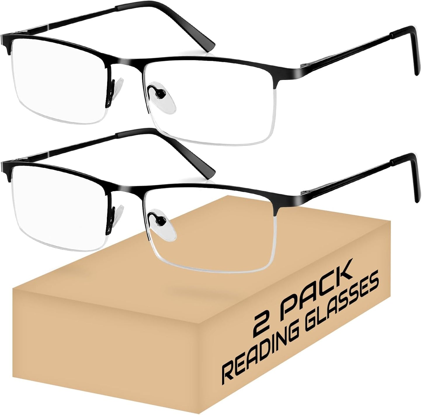 2 Pack Reading Glasses for Men, Lightweight Metal Half Frame Blue Light Blocking Computer Eyeglasses,Spring Hinges Anti Eyestrain/Glare/UV Readers(Black 2.25)