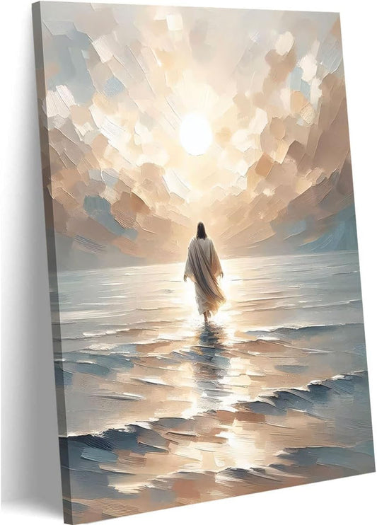 Jesus Walking on Water Canvas Wall Art Christian Bible Stories Wall Decor Pictures Modern Religious Posters Prints for Living Room Bedroom Church Home Decorations 12inx16in Ready to Hang