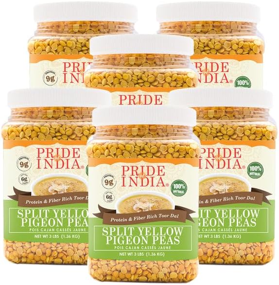 Pride Of India - PACK of 6 - Indian Split Yellow Pigeon Peas - Protein & Fiber Rich Toor (Arahar) Dal, 3 Pound Jar