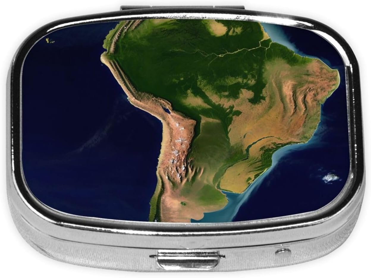 South America Satellite Image Print Pill Box Square Metal Pill Case with 2 Compartment Portable Travel Pillbox Cute Mini Medicine Organizer for Pocket Purse