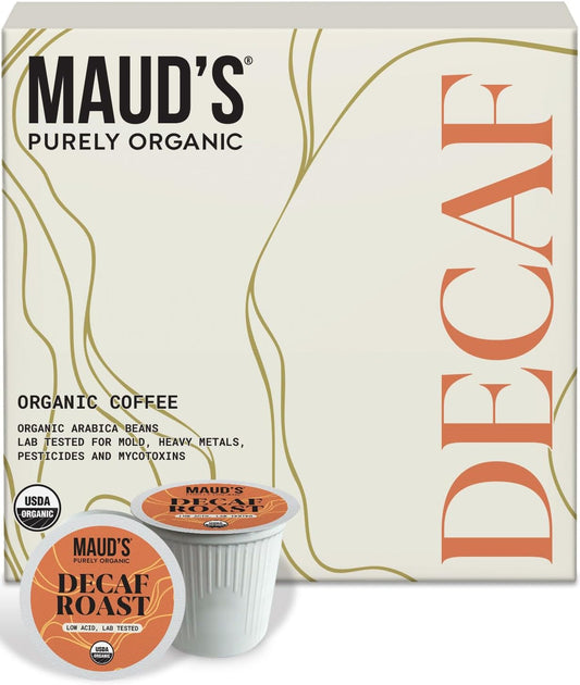 Maud's Purely Organic Low Acid Decaf Medium Roast Coffee Pods – Swiss Water Processed – 16ct | Lab Tested for Mold, Mycotoxins, Heavy Metals & Pesticides | Compatible with Keurig K Cup Maker