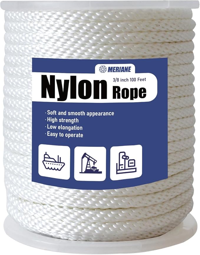 MERIANE 3/8" Nylon Rope 100 Ft â Multipurpose Heavy Duty Ropes â Abrasion & UV Resistant â Ideal Use for Camping, Clothesline, Marine Rope Flag Line - Shock Absorption Rope for Indoor Outdoor