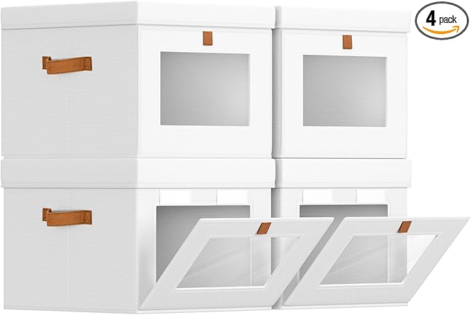 Storage Bins with Lid â Closet Organizer with Side Opening and Clear Window, Foldable Stackable Fabric Basket for Clothes, Home, Office - 13.77" x 11.8" x 9.8", 4 Pack, White