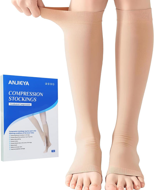 Medical Compression Socks for Women and Men, 15-21 mmHg , Open Toe, Knee High Length Compression Stockings for Varicose Veins, DVT, Edema, Running, Nursing