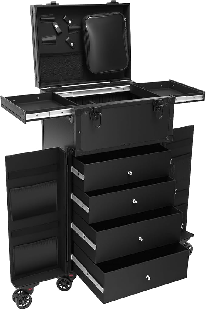 Rolling Makeup Case, Professional Cosmetic Train Case Trolley Roll Travel Box Large Capacity Salon Travel Case for Makeup Artist, Hairstylists, Nail Tech Makeup (Style 4)